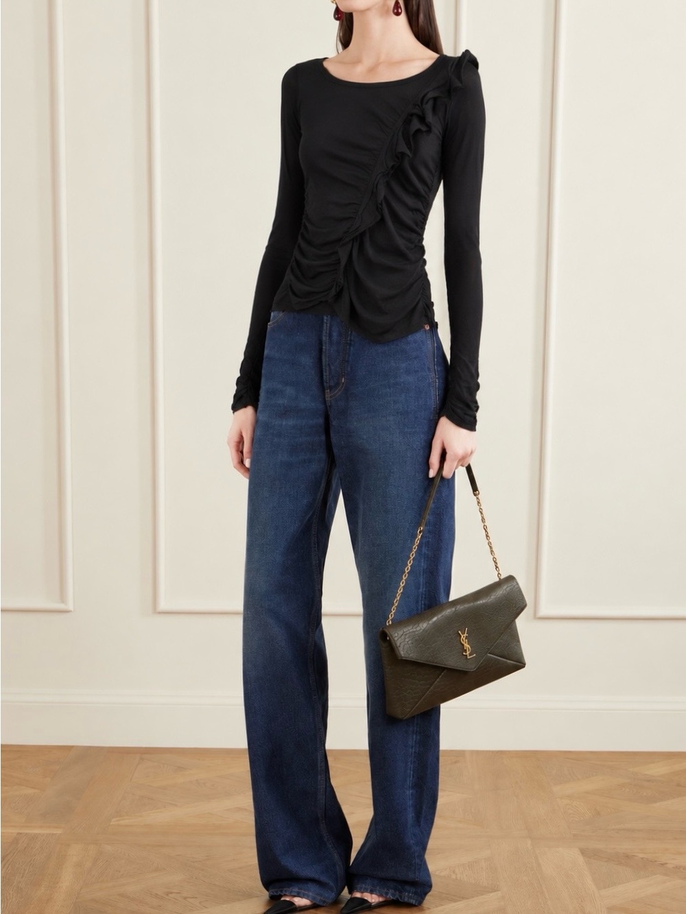 DKNY Black Ruffle Long-Sleeve Top Size Small